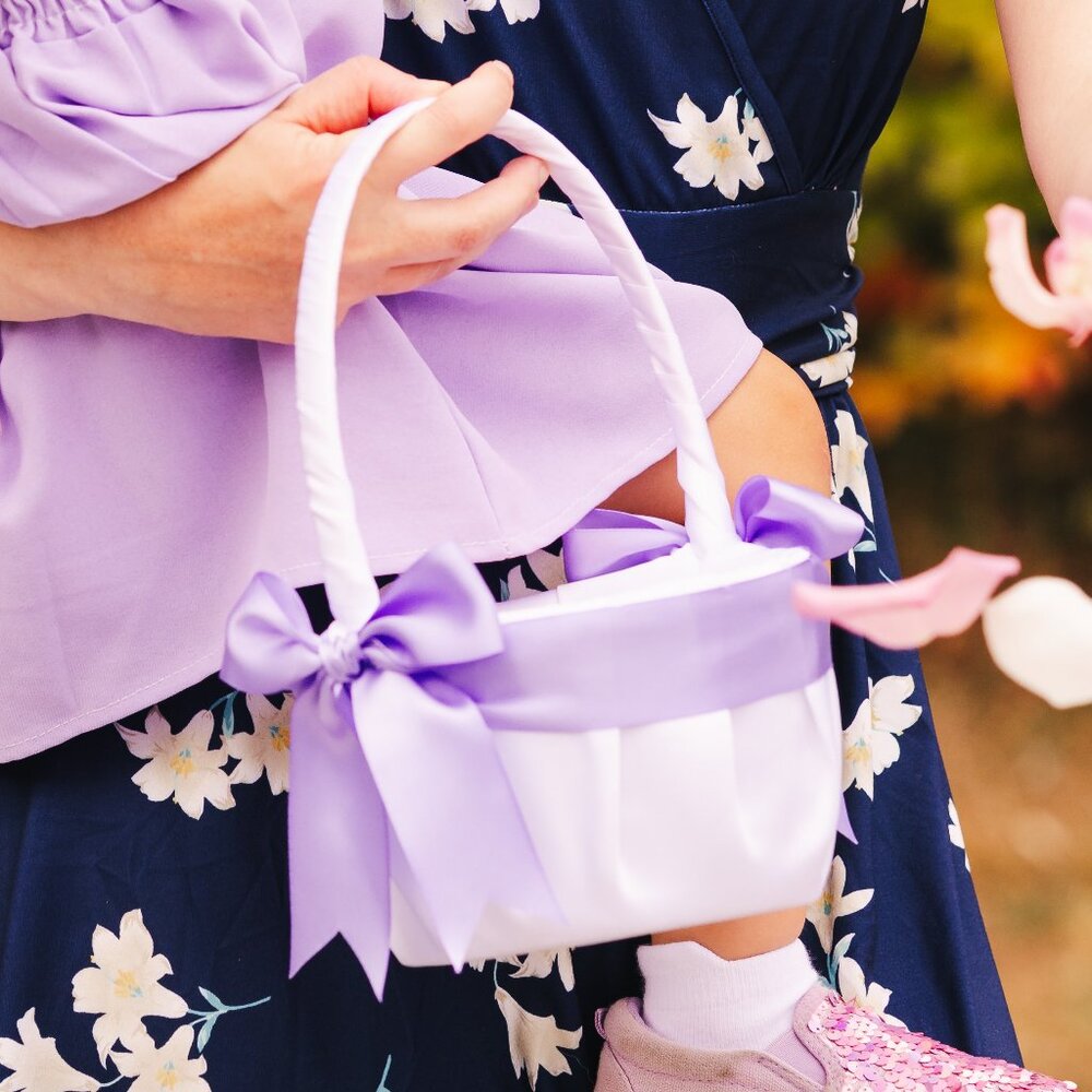 White Satin Flower Girl Basket with Lilac Ribbon